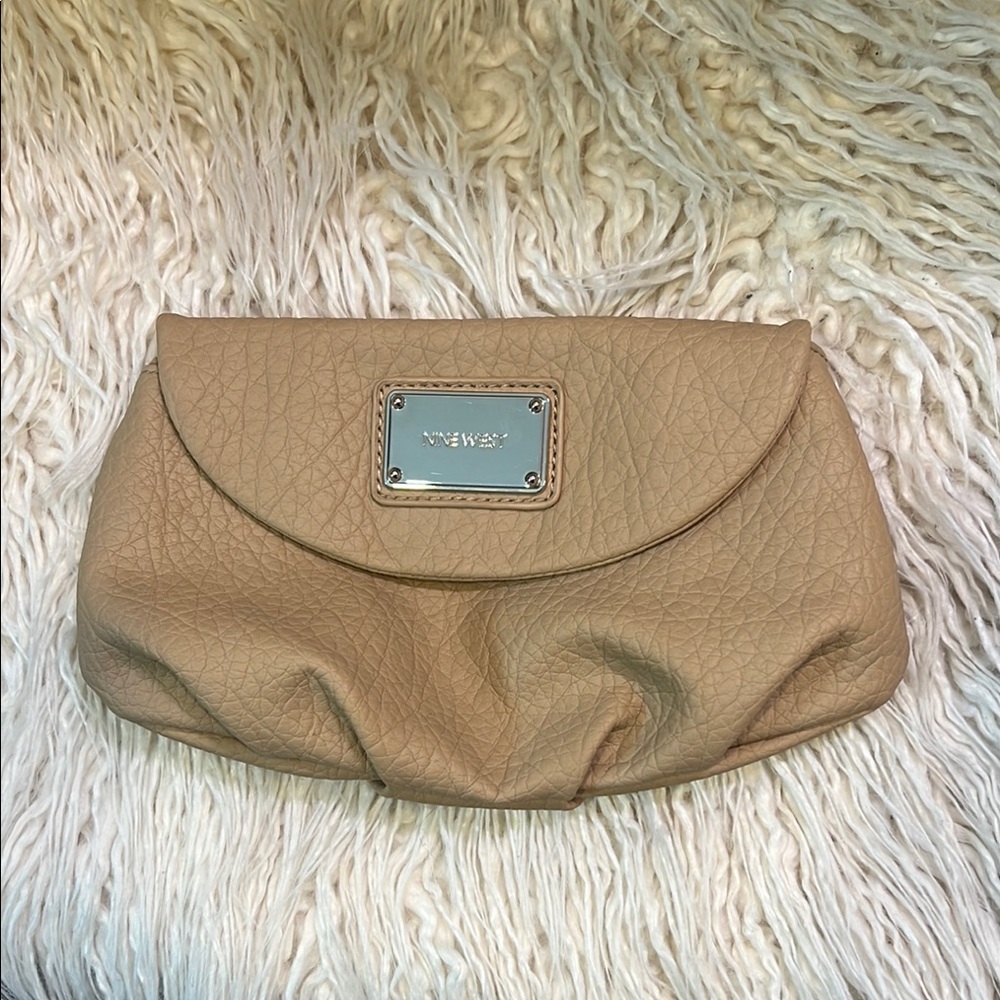 NWOT Nine West Tan Clutch with Pleated Design and Flap Closure